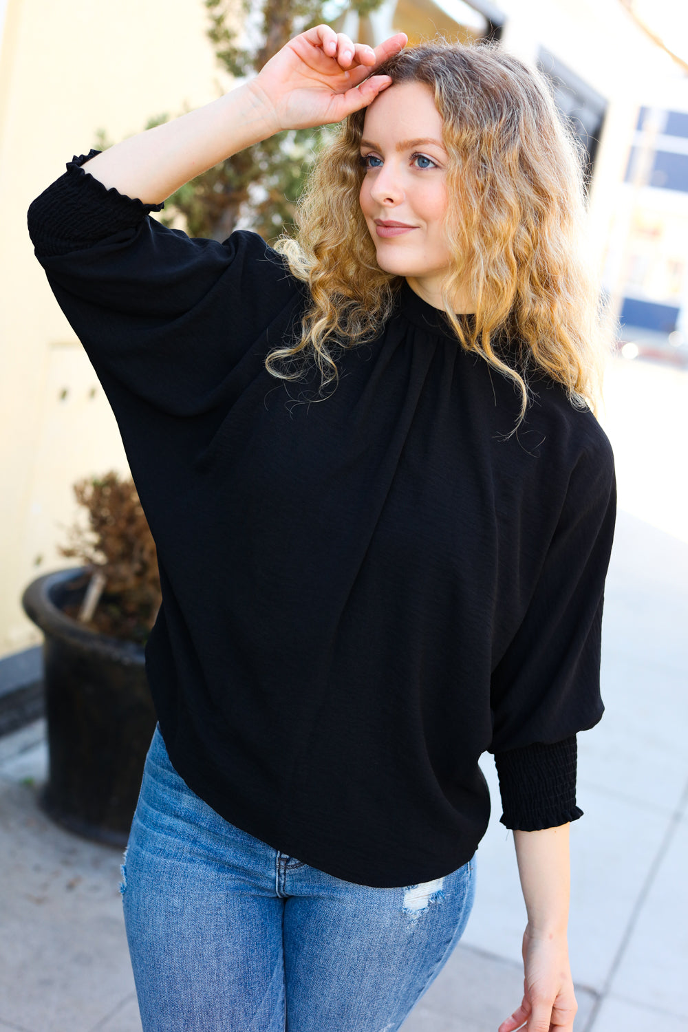 Black Smocked Three Quarter Sleeve Tie Back Tops | Nikki &amp; Co. Boutique