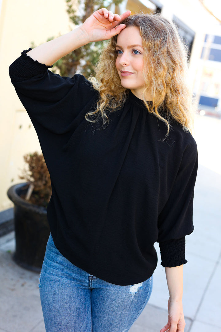 Black Smocked Three Quarter Sleeve Tie Back Tops | Nikki &amp; Co. Boutique