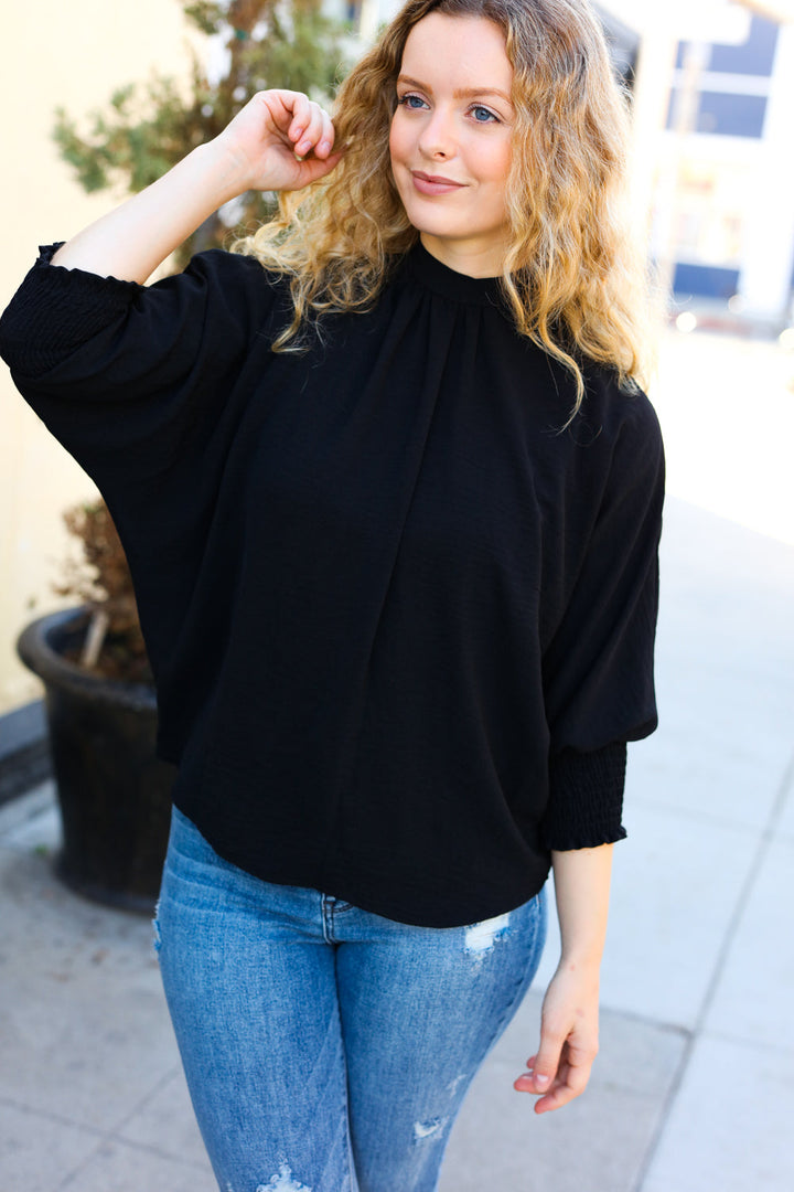 Black Smocked Three Quarter Sleeve Tie Back Tops | Nikki &amp; Co. Boutique