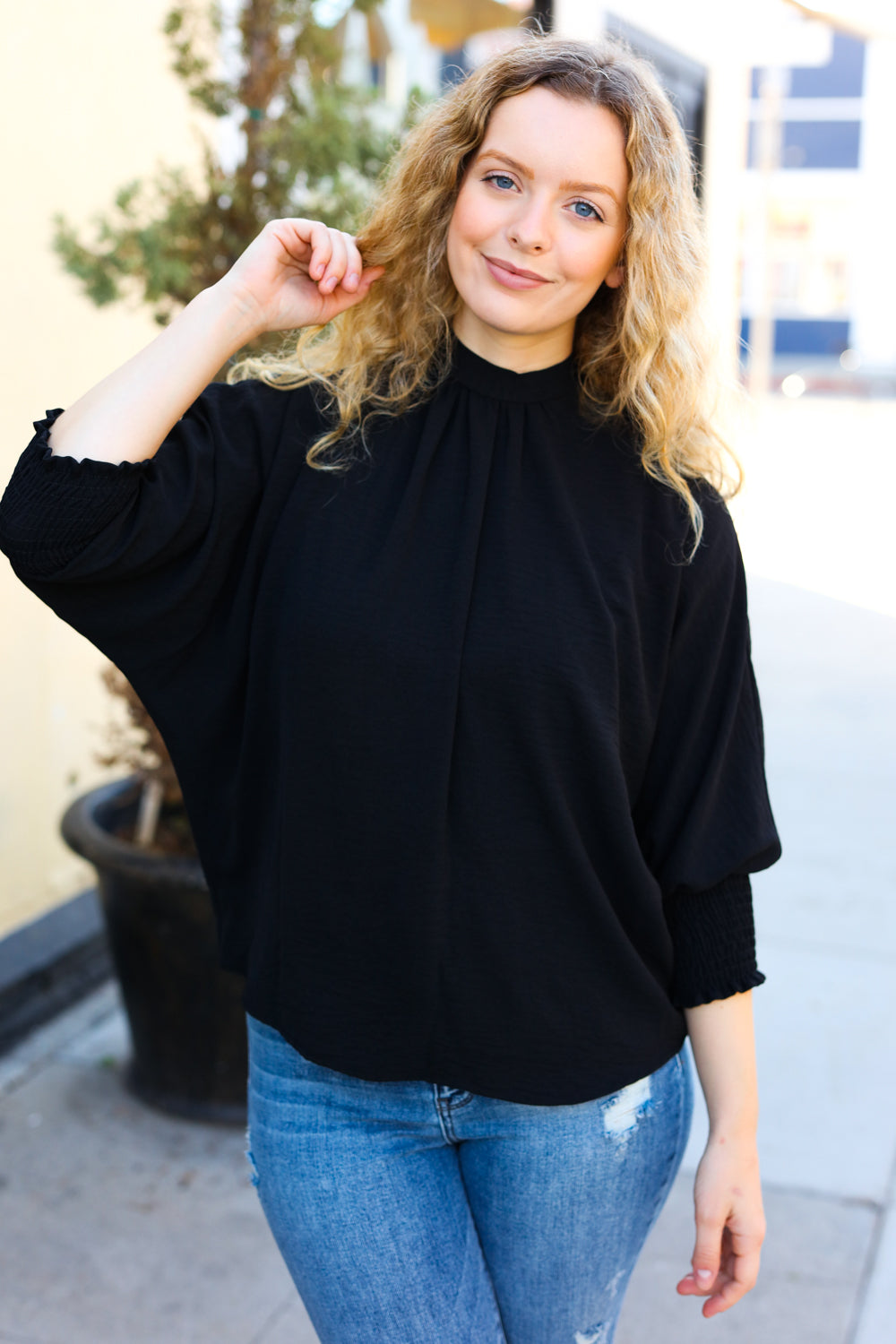 Black Smocked Three Quarter Sleeve Tie Back Tops | Nikki &amp; Co. Boutique