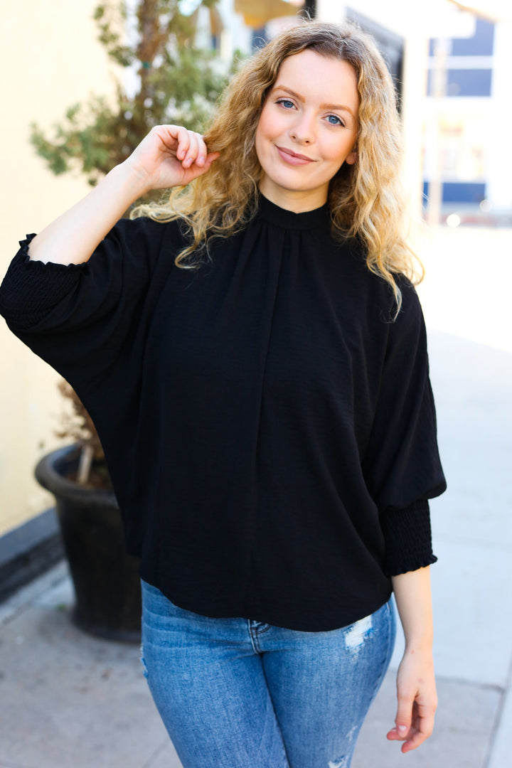 Black Smocked Three Quarter Sleeve Tie Back Tops | Nikki &amp; Co. Boutique