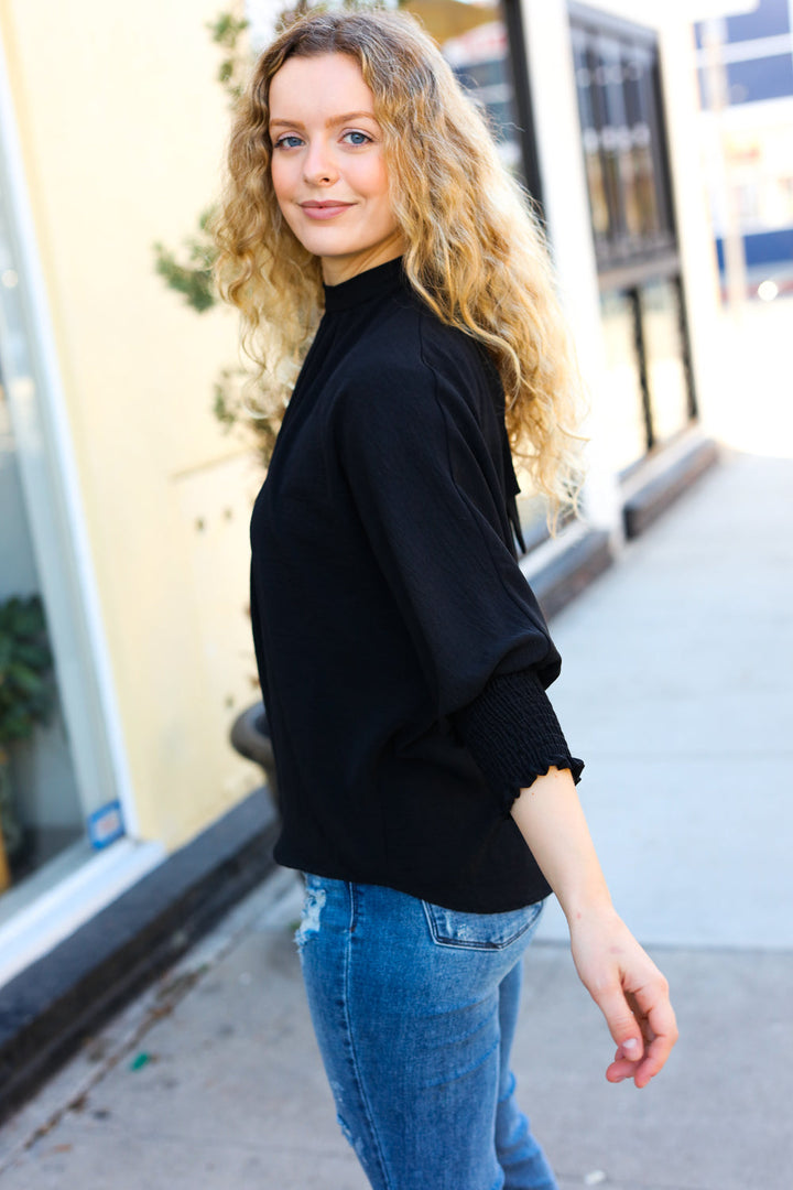 Black Smocked Three Quarter Sleeve Tie Back Tops | Nikki &amp; Co. Boutique