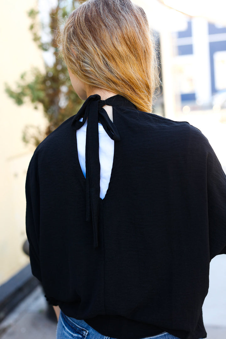 Black Smocked Three Quarter Sleeve Tie Back Tops | Nikki &amp; Co. Boutique