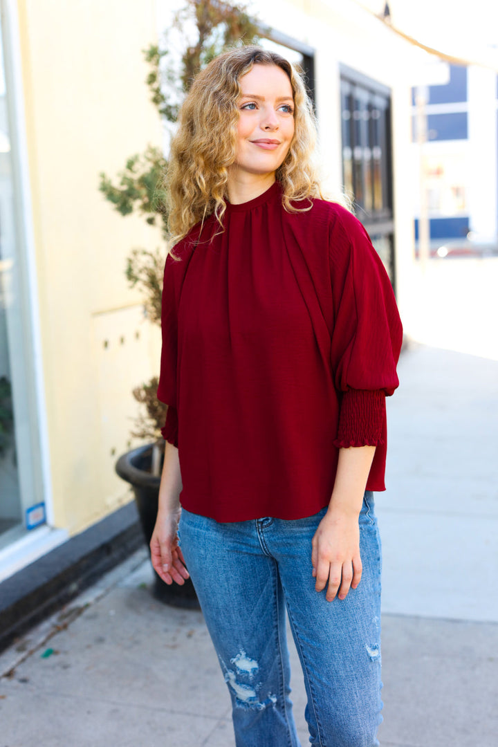 Bold Dreams Wine Smocked Three Quarter Sleeve Tie Back Tops | Nikki &amp; Co. Boutique