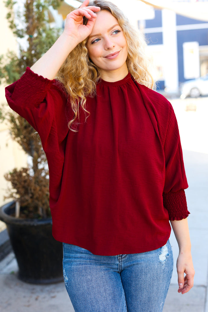 Bold Dreams Wine Smocked Three Quarter Sleeve Tie Back Tops | Nikki &amp; Co. Boutique