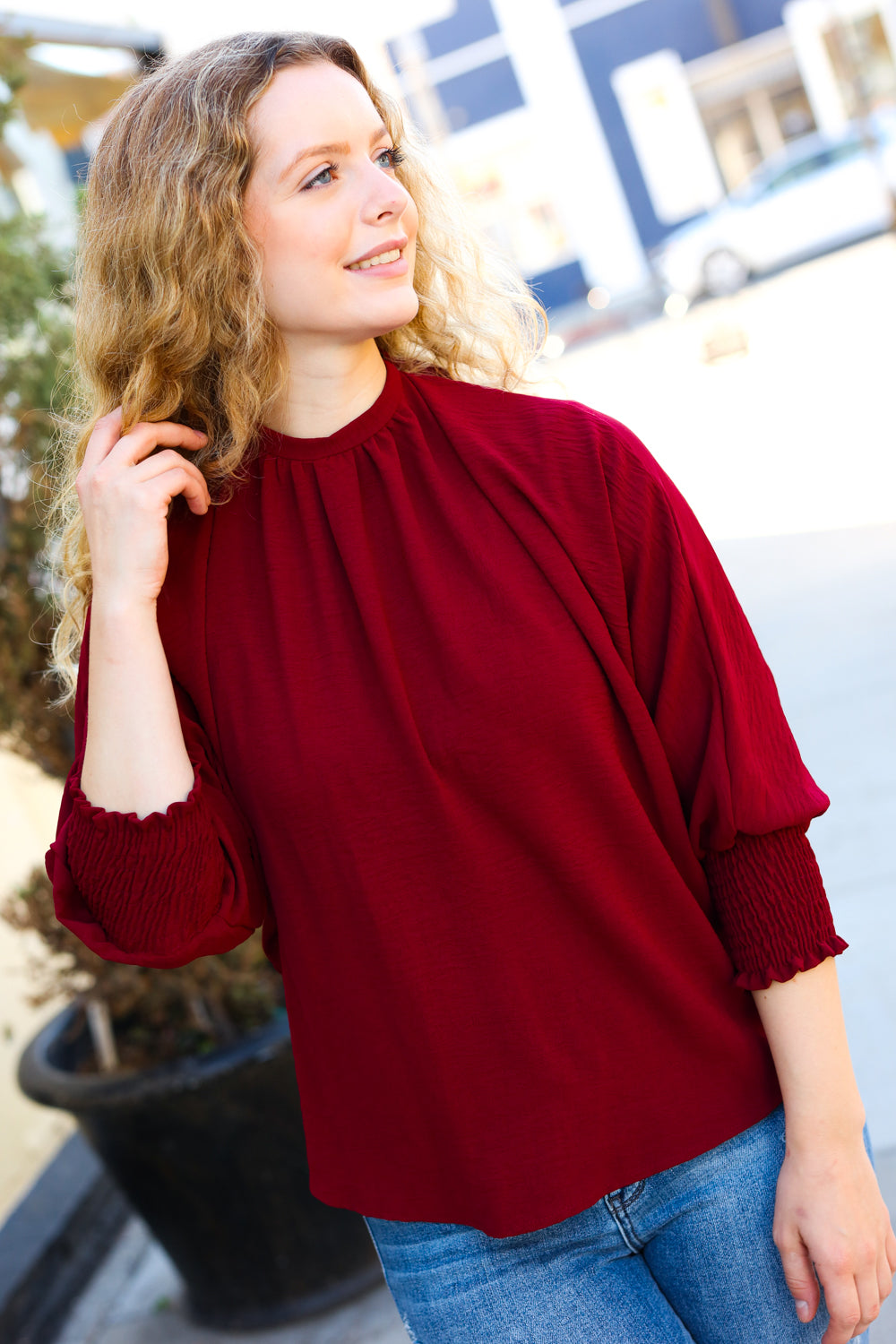 Bold Dreams Wine Smocked Three Quarter Sleeve Tie Back Tops | Nikki &amp; Co. Boutique
