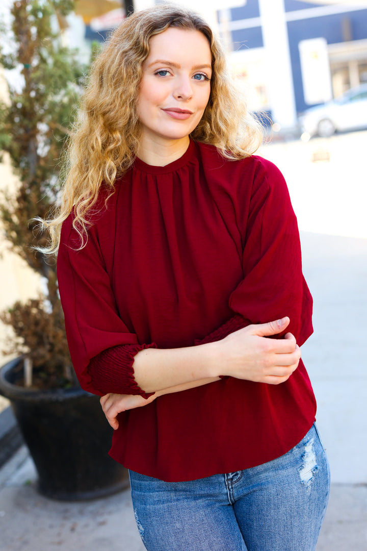 Bold Dreams Wine Smocked Three Quarter Sleeve Tie Back Tops | Nikki &amp; Co. Boutique