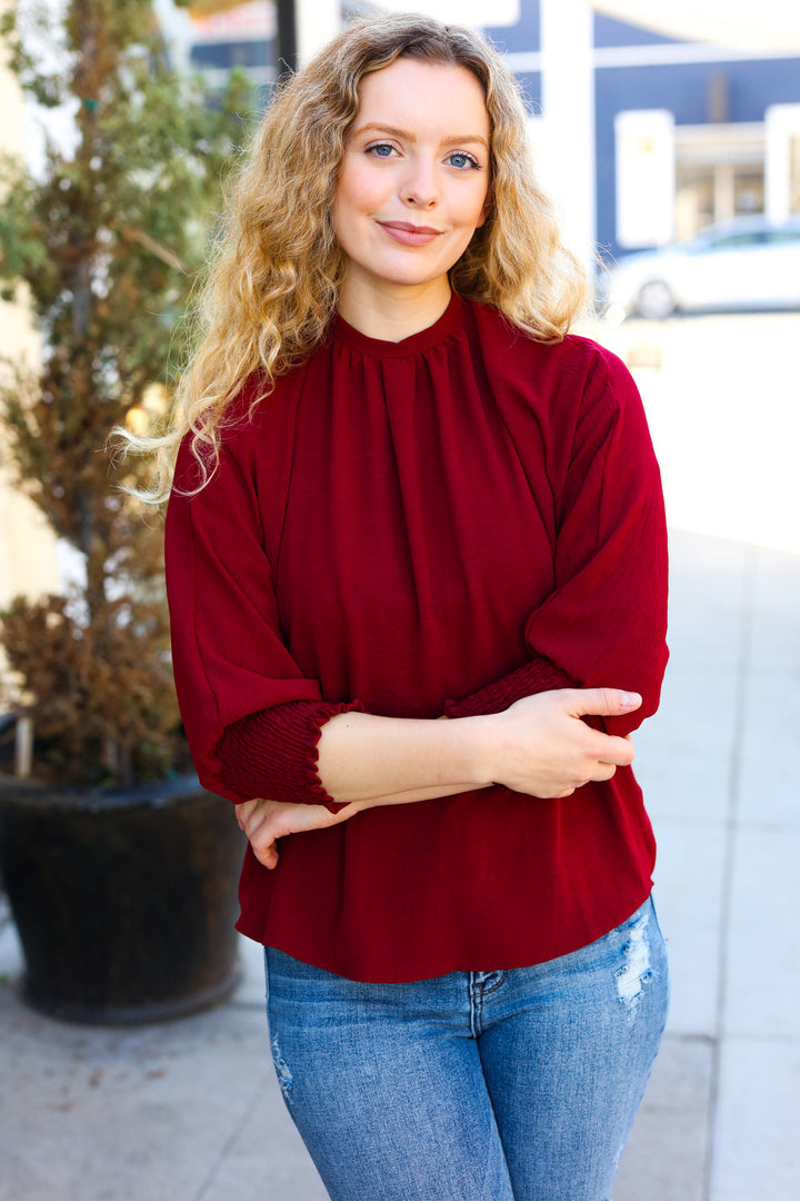 Bold Dreams Wine Smocked Three Quarter Sleeve Tie Back Tops | Nikki &amp; Co. Boutique