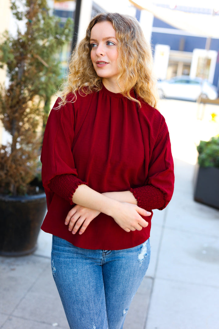 Bold Dreams Wine Smocked Three Quarter Sleeve Tie Back Tops | Nikki &amp; Co. Boutique