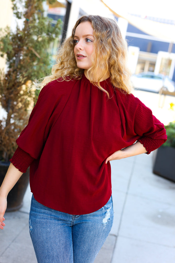 Bold Dreams Wine Smocked Three Quarter Sleeve Tie Back Tops | Nikki &amp; Co. Boutique