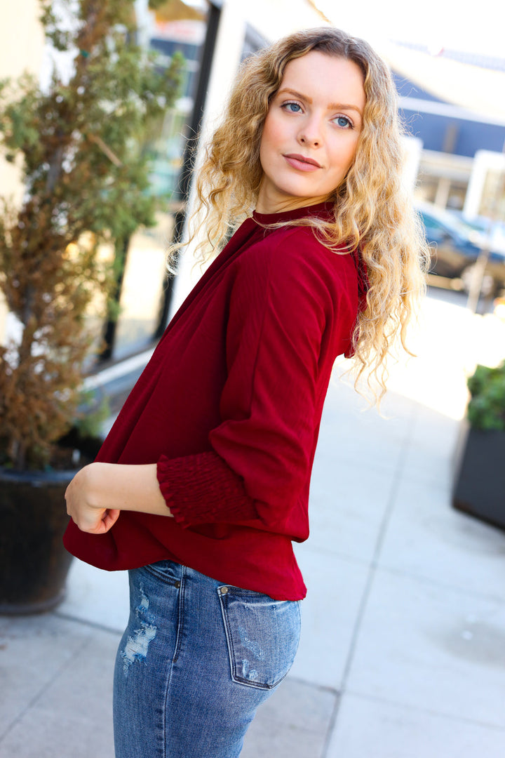 Bold Dreams Wine Smocked Three Quarter Sleeve Tie Back Tops | Nikki &amp; Co. Boutique