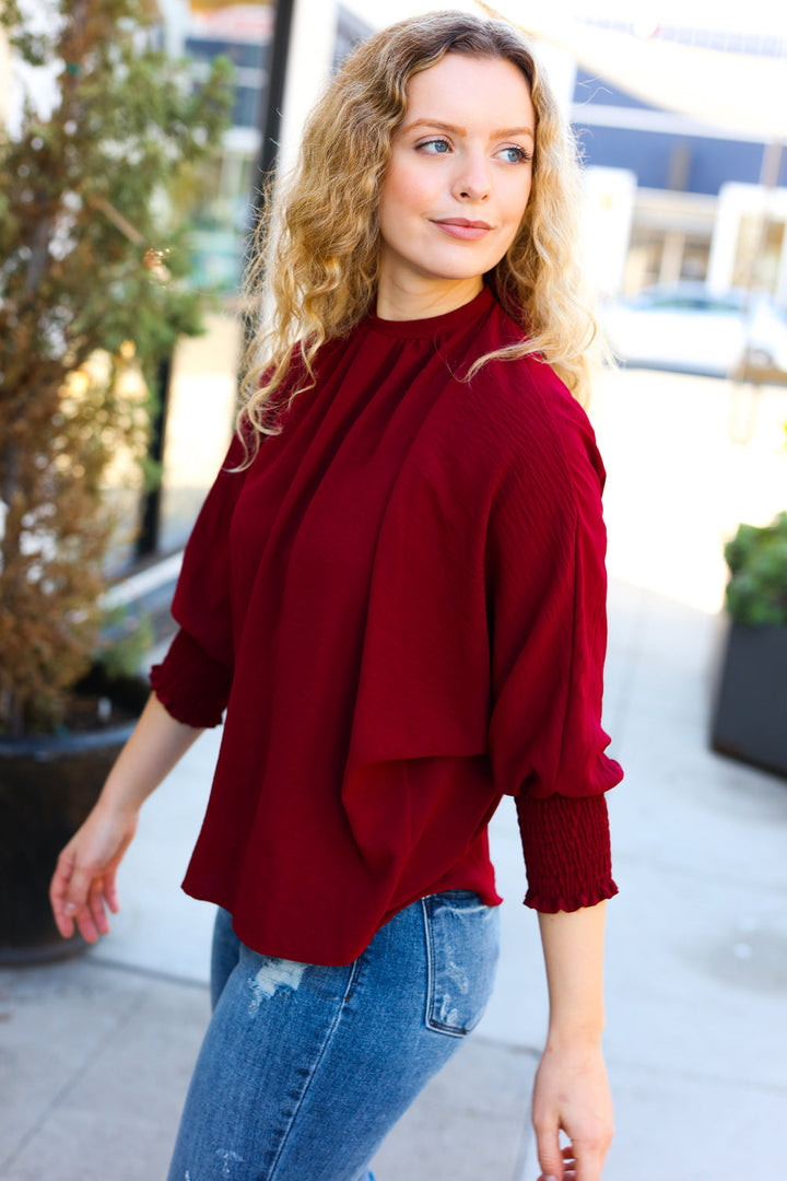 Bold Dreams Wine Smocked Three Quarter Sleeve Tie Back Tops | Nikki &amp; Co. Boutique