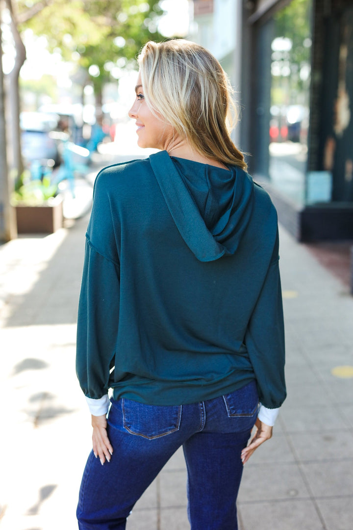 Adorable In Hunter Green Color Block Check Print Terry Hoodie | Nikki &amp; Co. Boutique