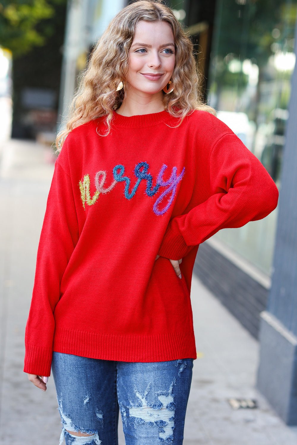 More The Merrier Red Pop Up Lurex Sweater - Nikki &amp; Co. Boutique
