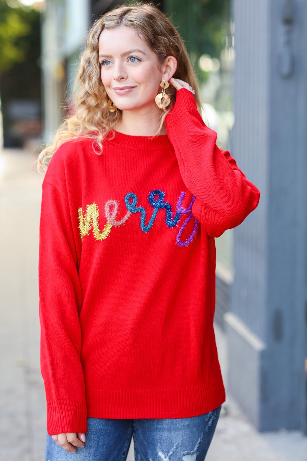 More The Merrier Red Pop Up Lurex Sweater - Nikki &amp; Co. Boutique