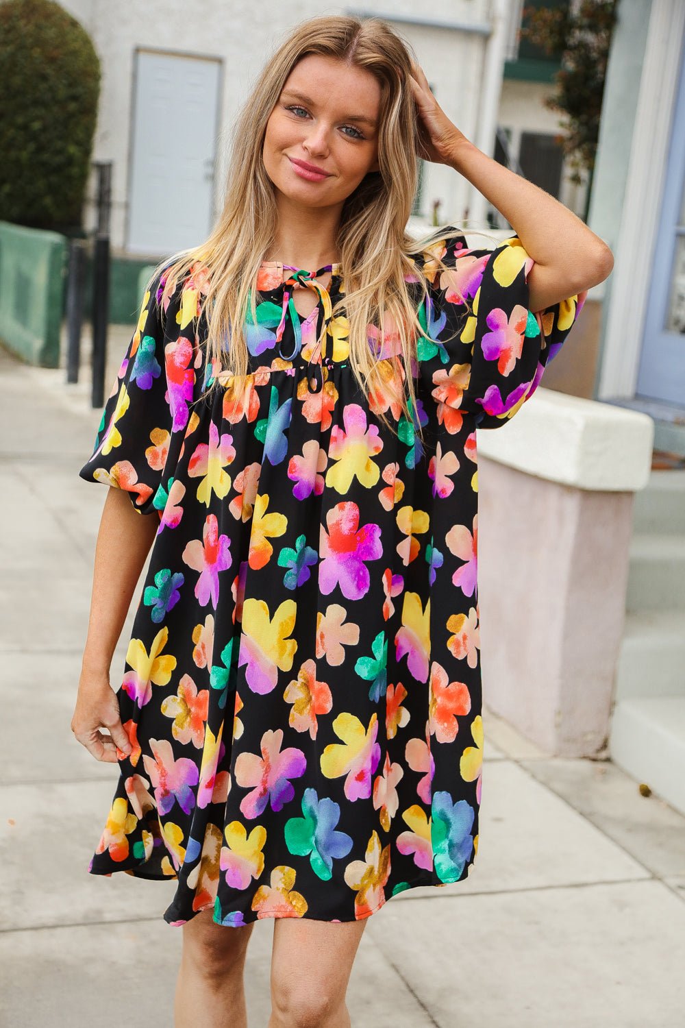 Look Adorable Ribbon Bow Tie Floral Babydoll Dress with Pockets - Nikki &amp; Co. Boutique