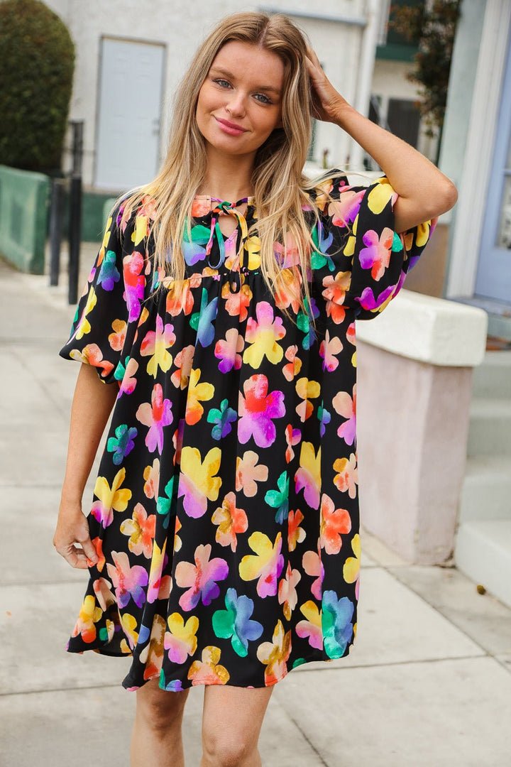 Look Adorable Ribbon Bow Tie Floral Babydoll Dress with Pockets - Nikki &amp; Co. Boutique