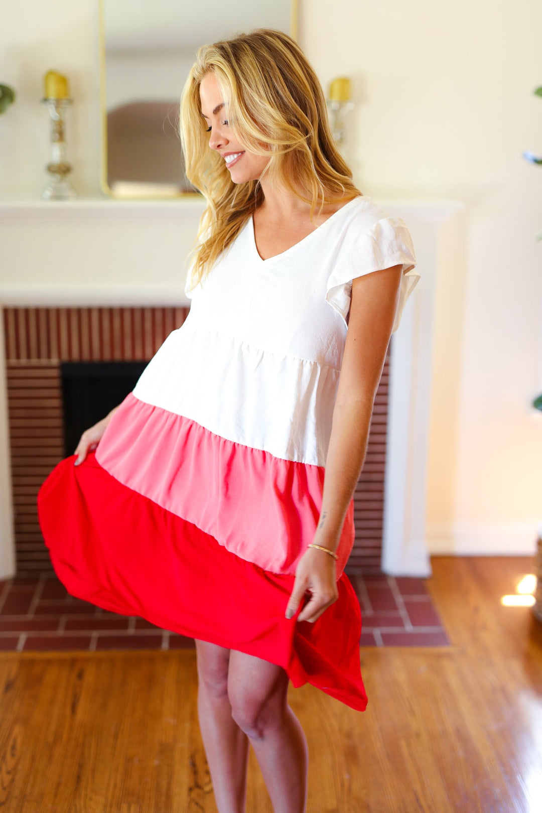 Peach &amp; Cherry Red Tiered Frill Sleeve Midi Dress | Nikki &amp; Co. Boutique