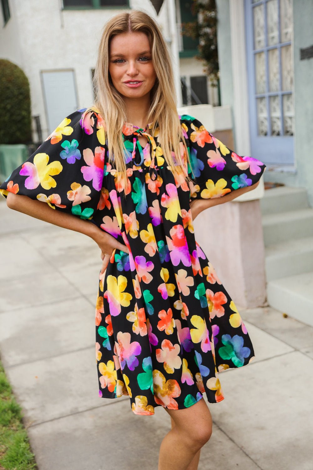 Look Adorable Ribbon Bow Tie Floral Babydoll Dress with Pockets - Nikki &amp; Co. Boutique