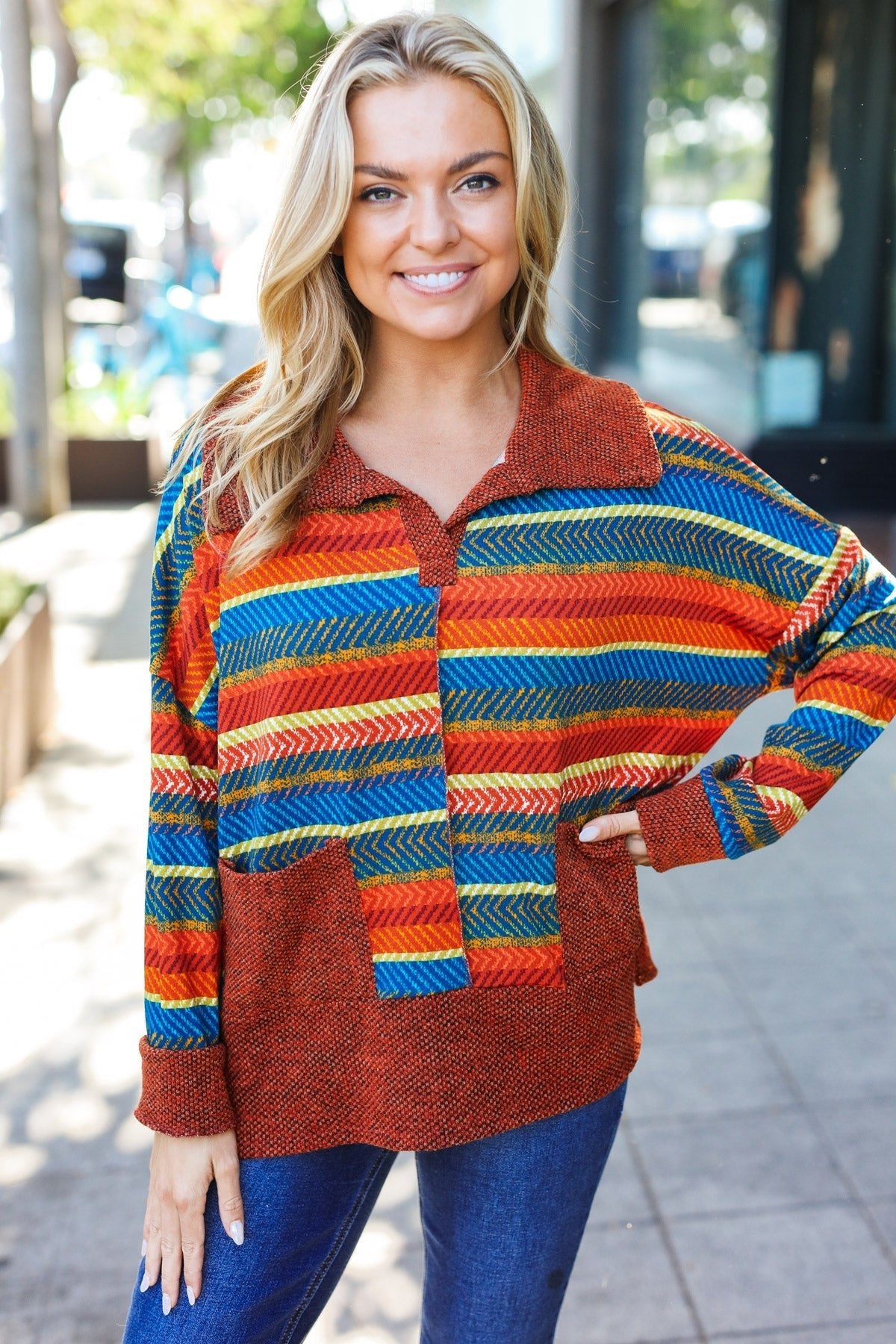Casual Living Rust & Teal Striped Two Tone Knit Pocketed Top - Nikki and Co Boutique