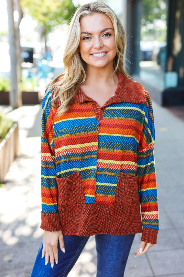 Casual Living Rust &amp; Teal Striped Two Tone Knit Pocketed Top | Nikki &amp; Co. Boutique