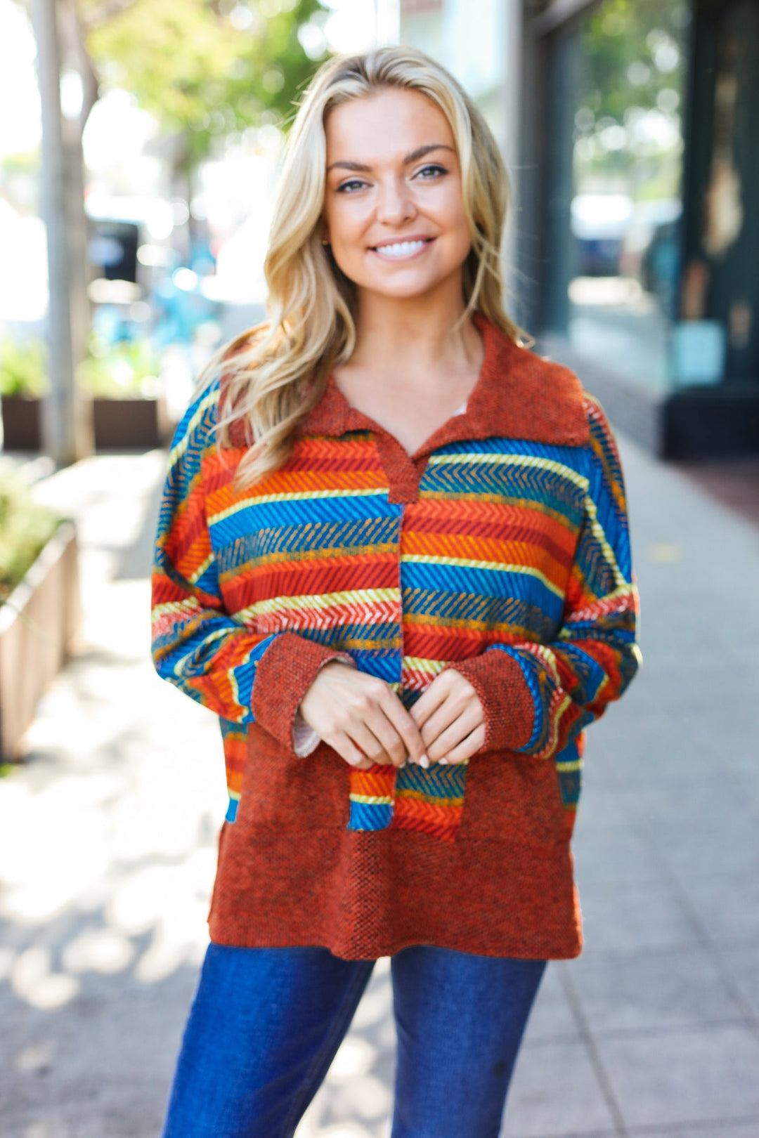 Casual Living Rust &amp; Teal Striped Two Tone Knit Pocketed Top | Nikki &amp; Co. Boutique