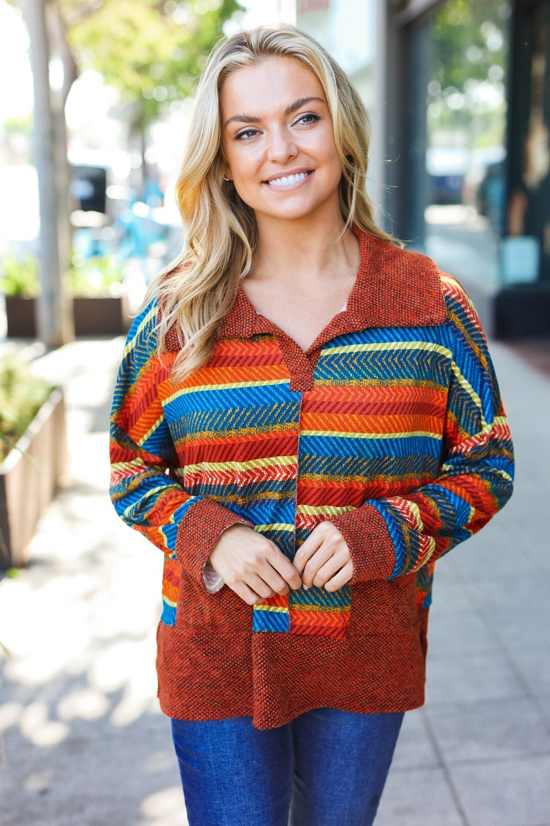 Casual Living Rust &amp; Teal Striped Two Tone Knit Pocketed Top | Nikki &amp; Co. Boutique