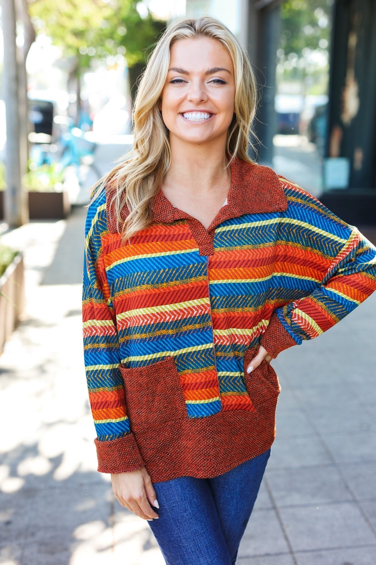 Casual Living Rust & Teal Striped Two Tone Knit Pocketed Top - Nikki and Co Boutique