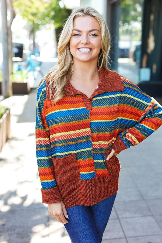 Casual Living Rust & Teal Striped Two Tone Knit Pocketed Top - Nikki and Co Boutique