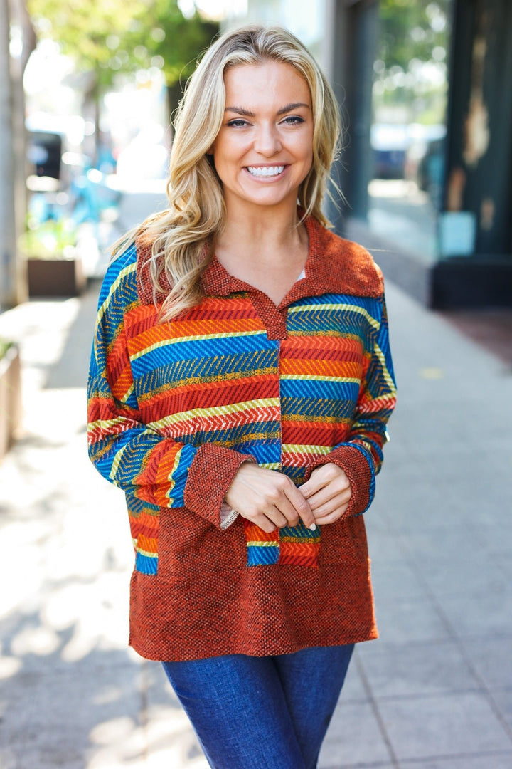 Casual Living Rust &amp; Teal Striped Two Tone Knit Pocketed Top | Nikki &amp; Co. Boutique