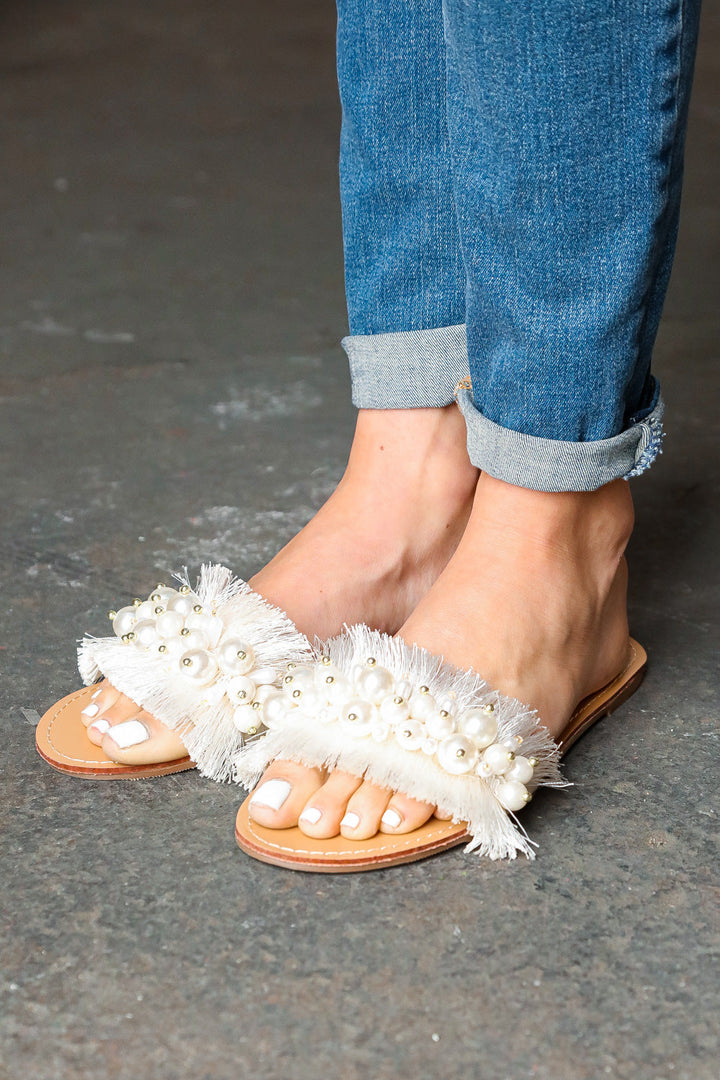 Ivory Linen Fray Beaded Faux Pearl Slide Sandal | Nikki &amp; Co. Boutique