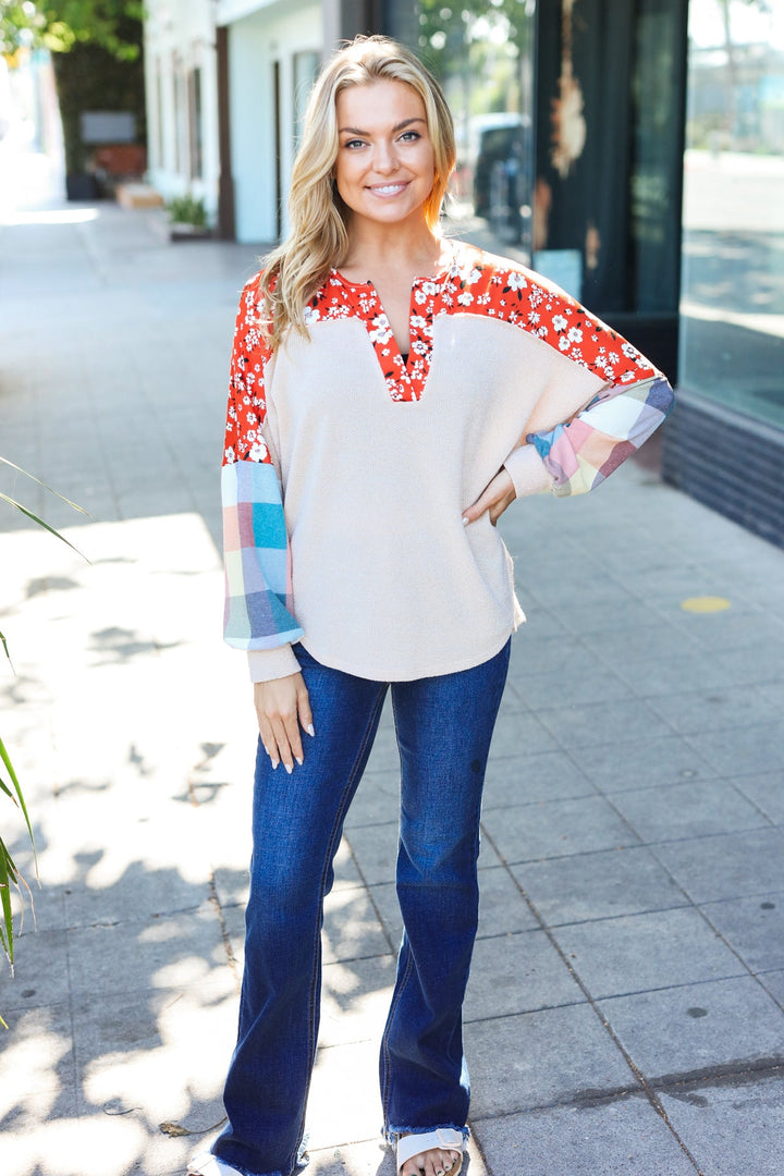 Feeling Femme Oatmeal Plaid Floral Color Block Notch Neck Tops | Nikki &amp; Co. Boutique