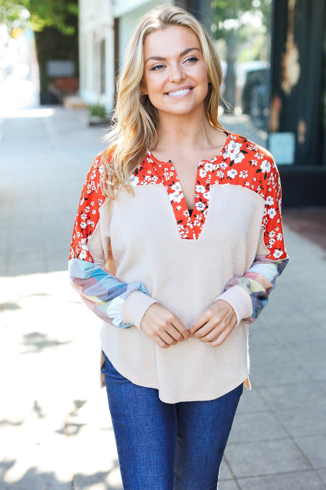 Feeling Femme Oatmeal Plaid Floral Color Block Notch Neck Tops | Nikki &amp; Co. Boutique