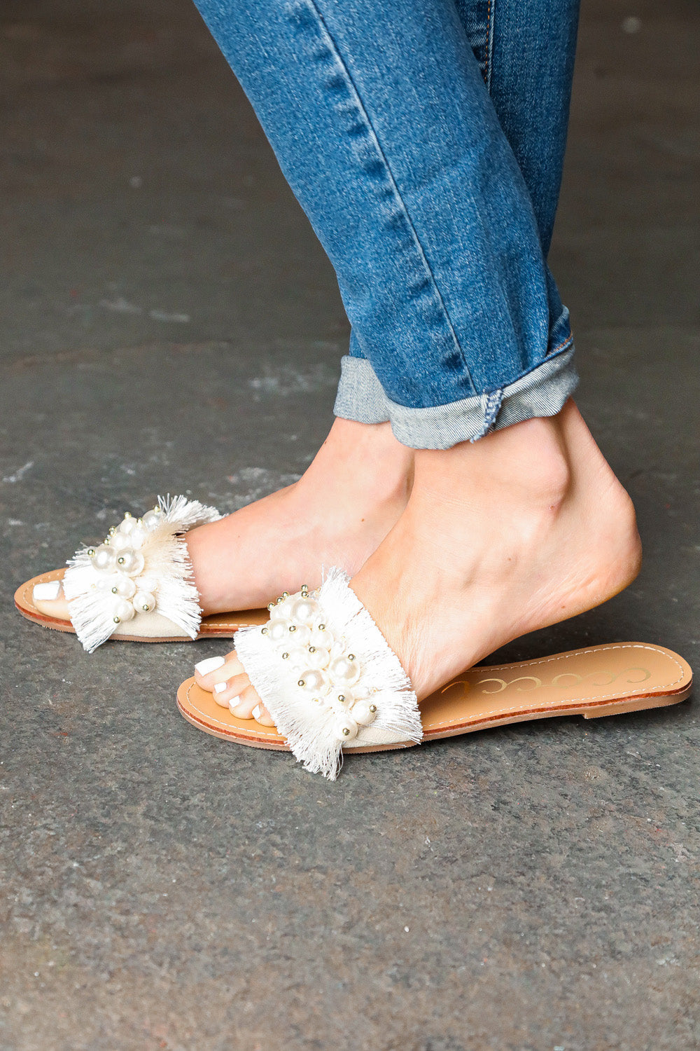 Ivory Linen Fray Beaded Faux Pearl Slide Sandal | Nikki &amp; Co. Boutique