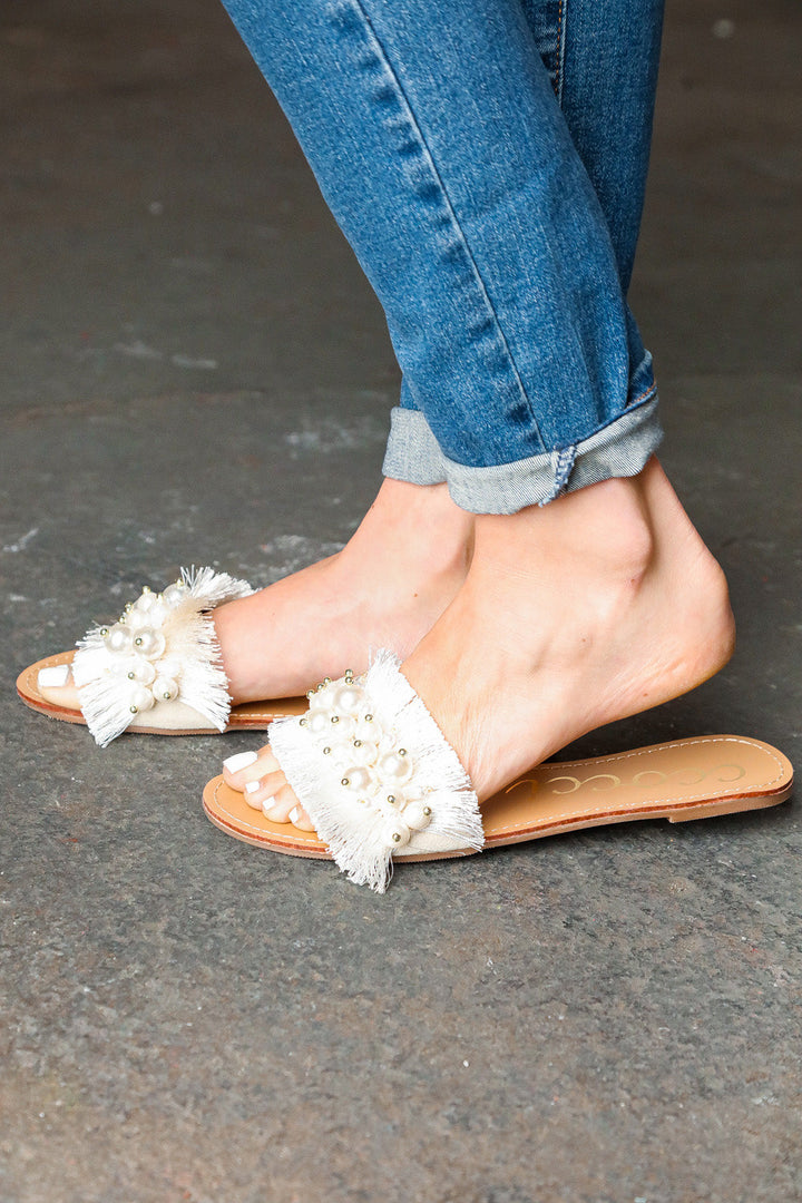 Ivory Linen Fray Beaded Faux Pearl Slide Sandal | Nikki &amp; Co. Boutique