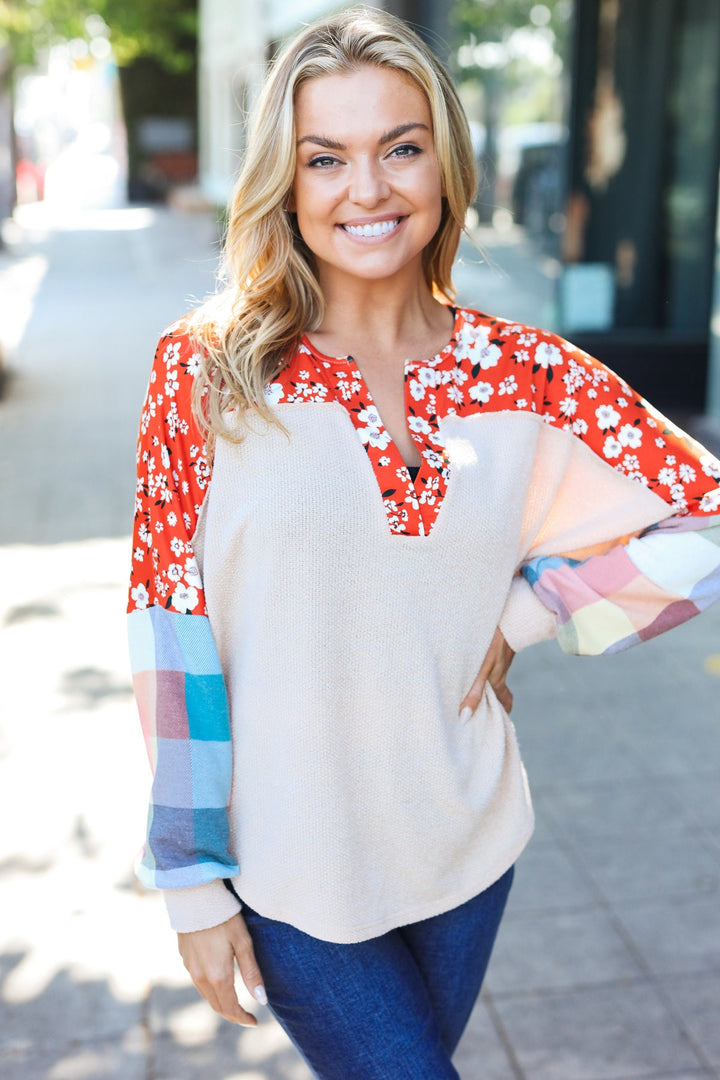 Feeling Femme Oatmeal Plaid Floral Color Block Notch Neck Tops | Nikki &amp; Co. Boutique