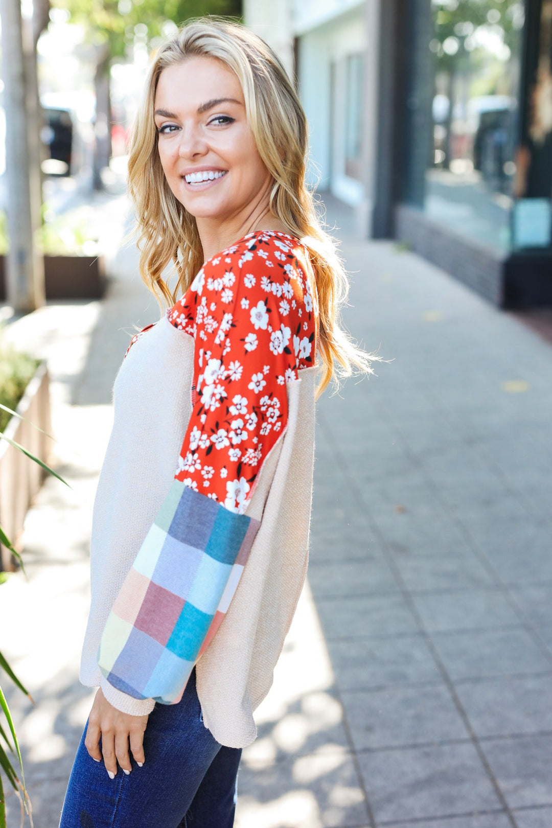 Feeling Femme Oatmeal Plaid Floral Color Block Notch Neck Tops | Nikki &amp; Co. Boutique