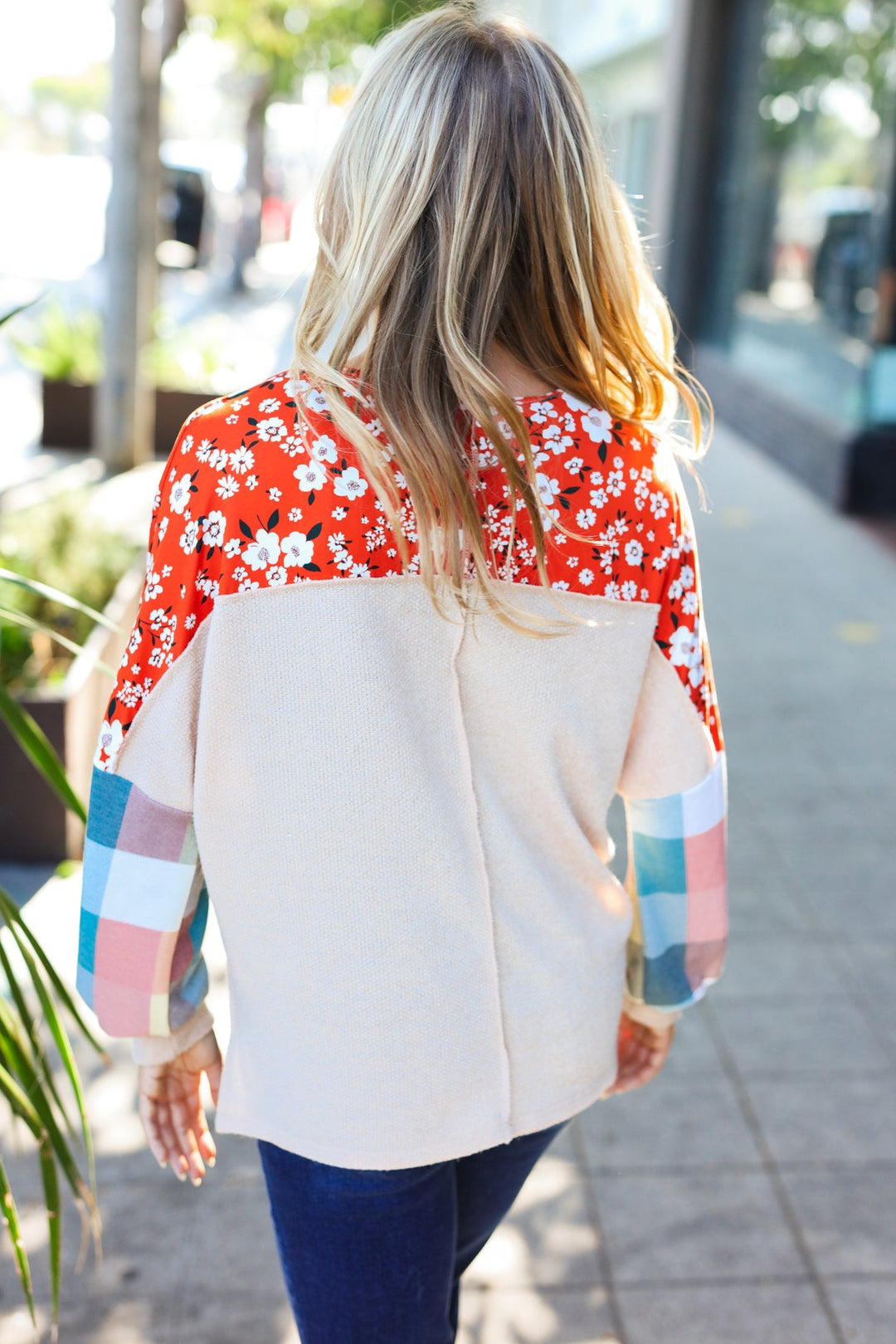 Feeling Femme Oatmeal Plaid Floral Color Block Notch Neck Tops | Nikki &amp; Co. Boutique