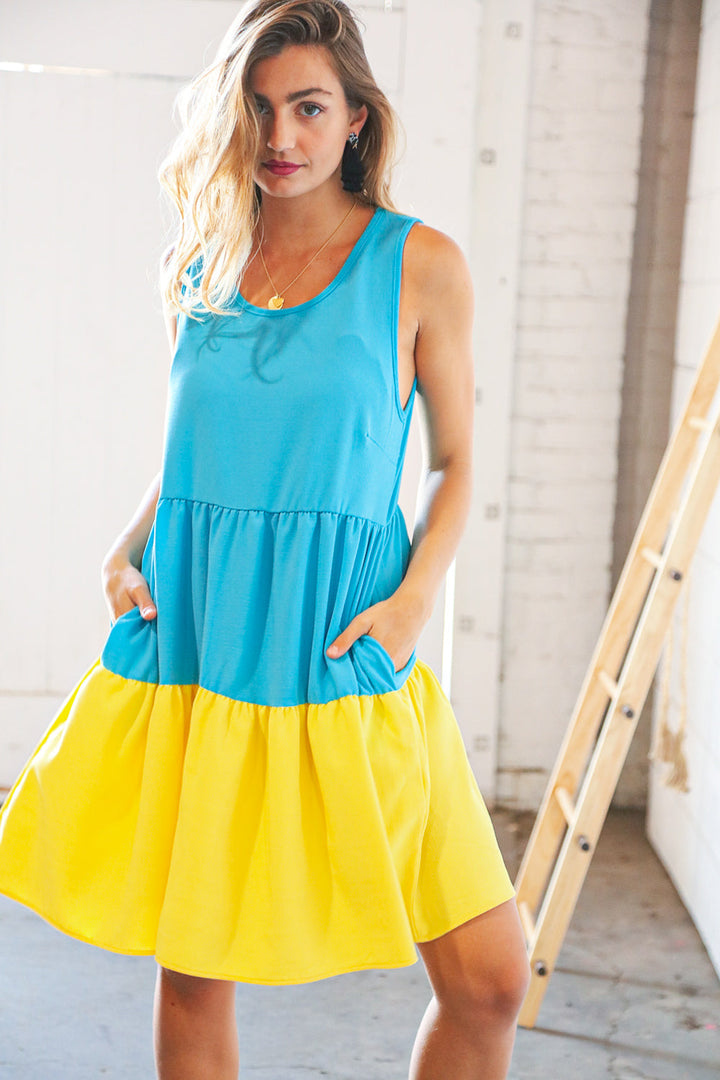 Blue Flare Color Block Tiered Woven Dress | Nikki &amp; Co. Boutique
