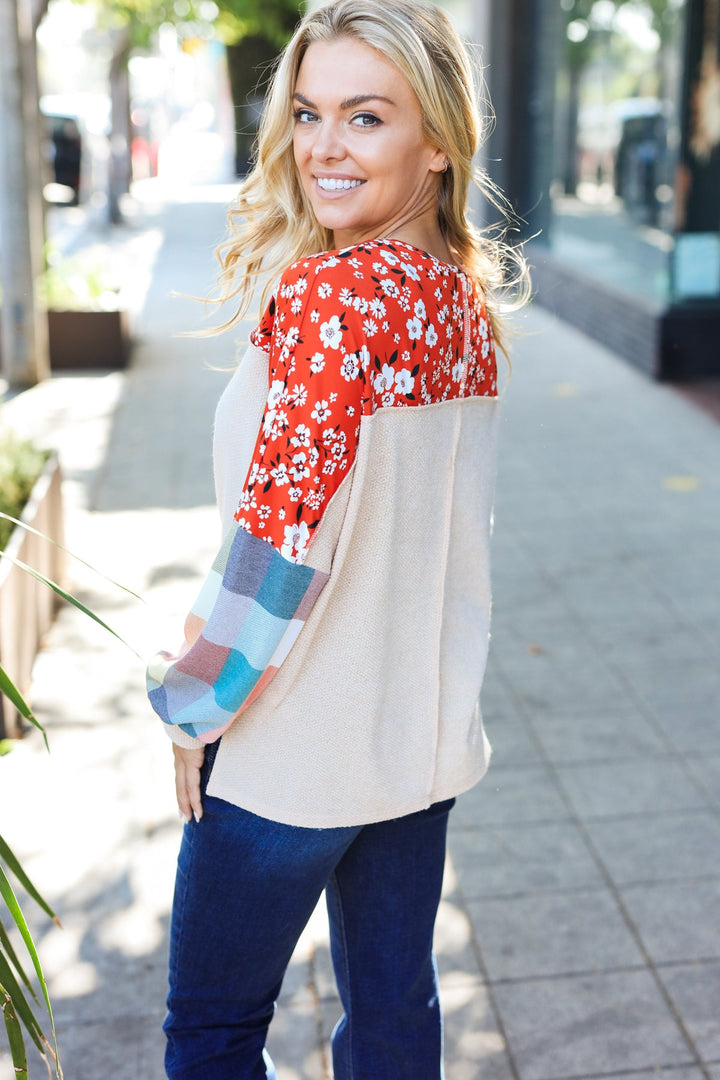 Feeling Femme Oatmeal Plaid Floral Color Block Notch Neck Tops | Nikki &amp; Co. Boutique