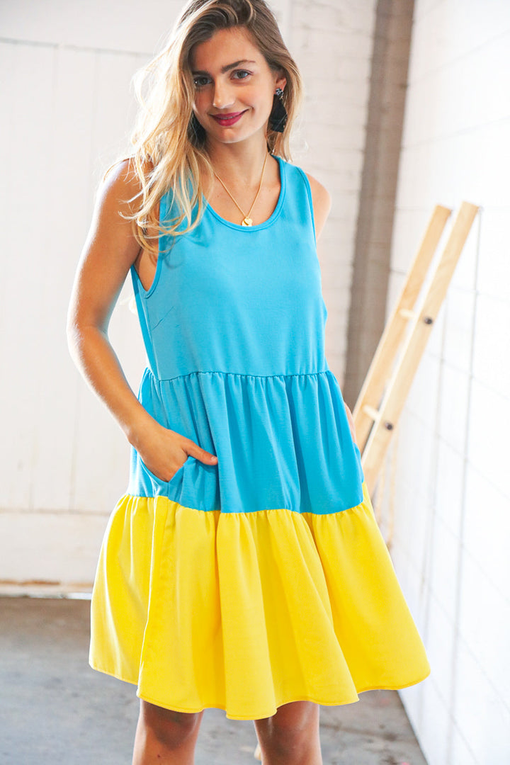 Blue Flare Color Block Tiered Woven Dress | Nikki &amp; Co. Boutique