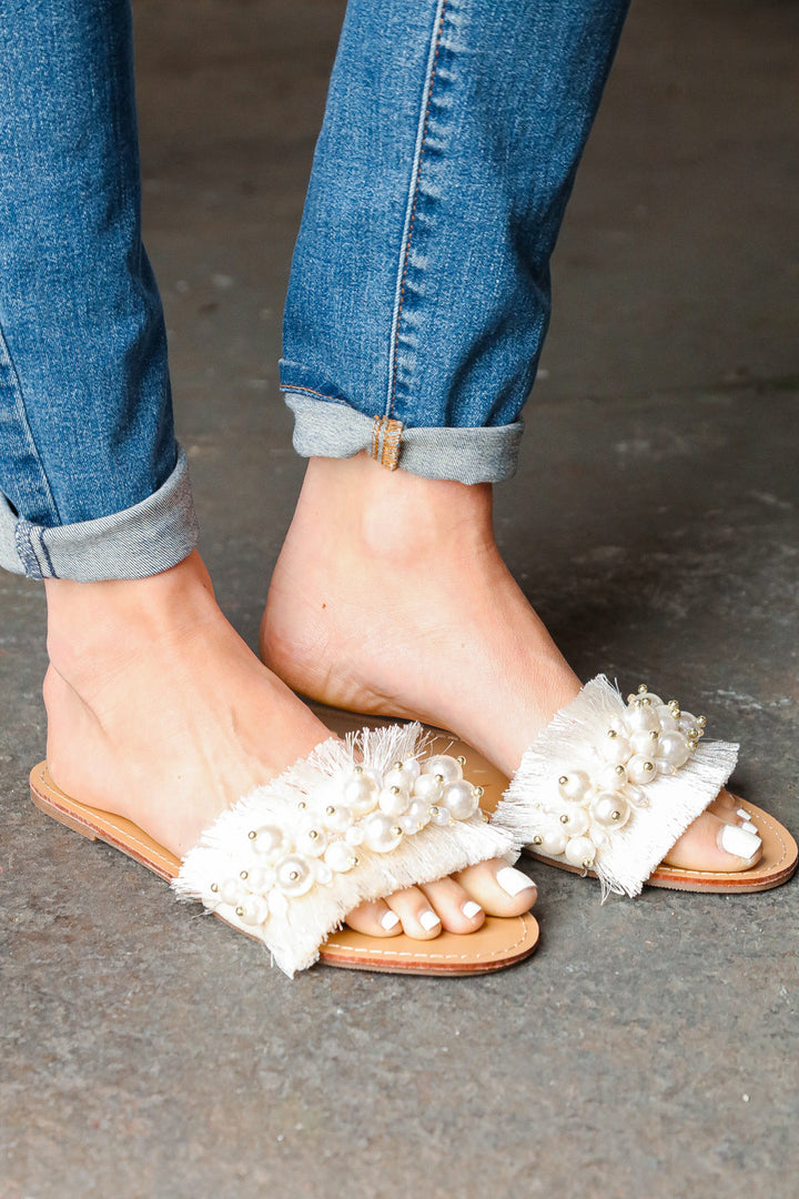 Ivory Linen Fray Beaded Faux Pearl Slide Sandal | Nikki &amp; Co. Boutique