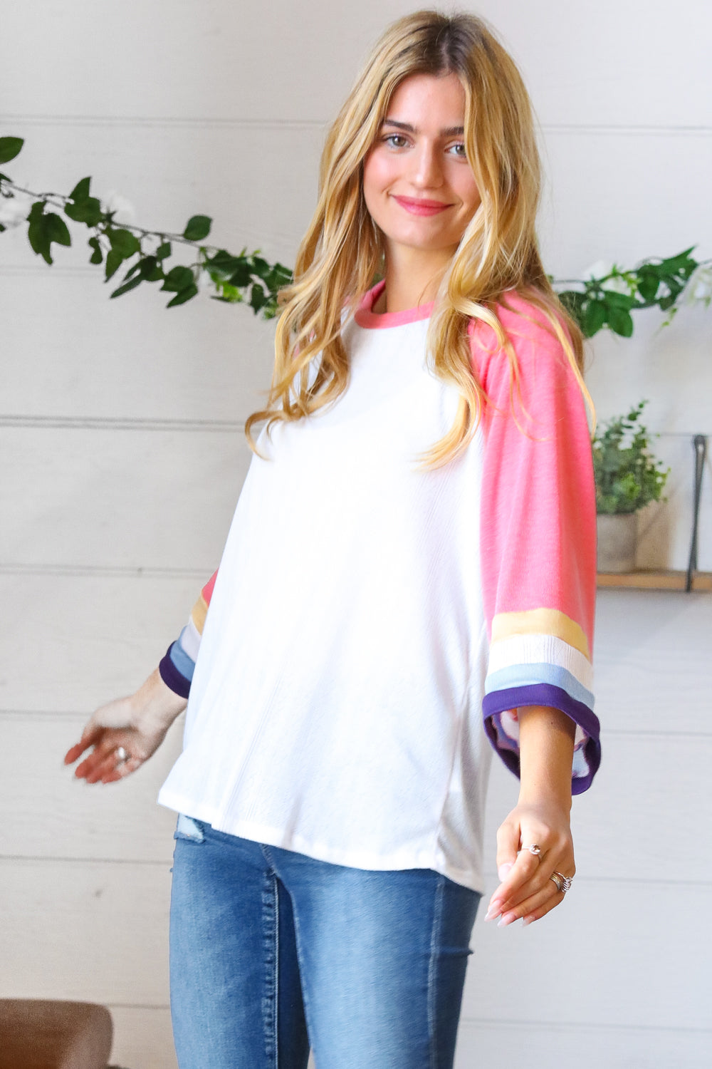 Pink Pointelle Color Block Wide Sleeve Pullover | Nikki &amp; Co. Boutique