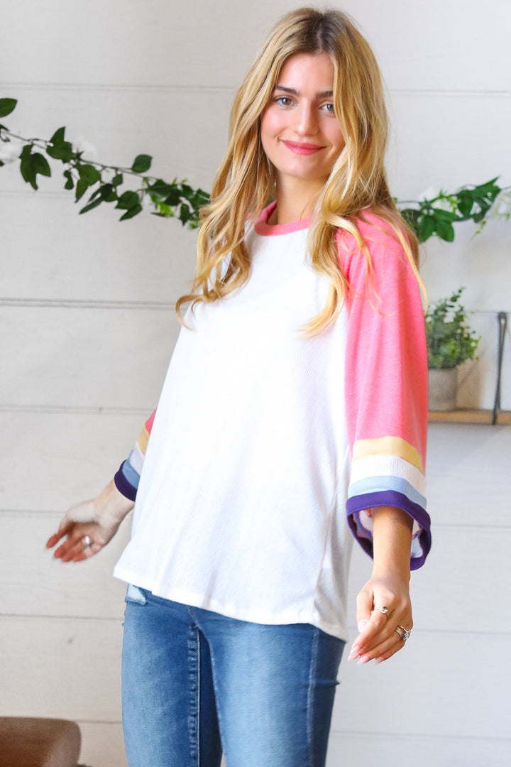 Pink Pointelle Color Block Wide Sleeve Pullover | Nikki &amp; Co. Boutique