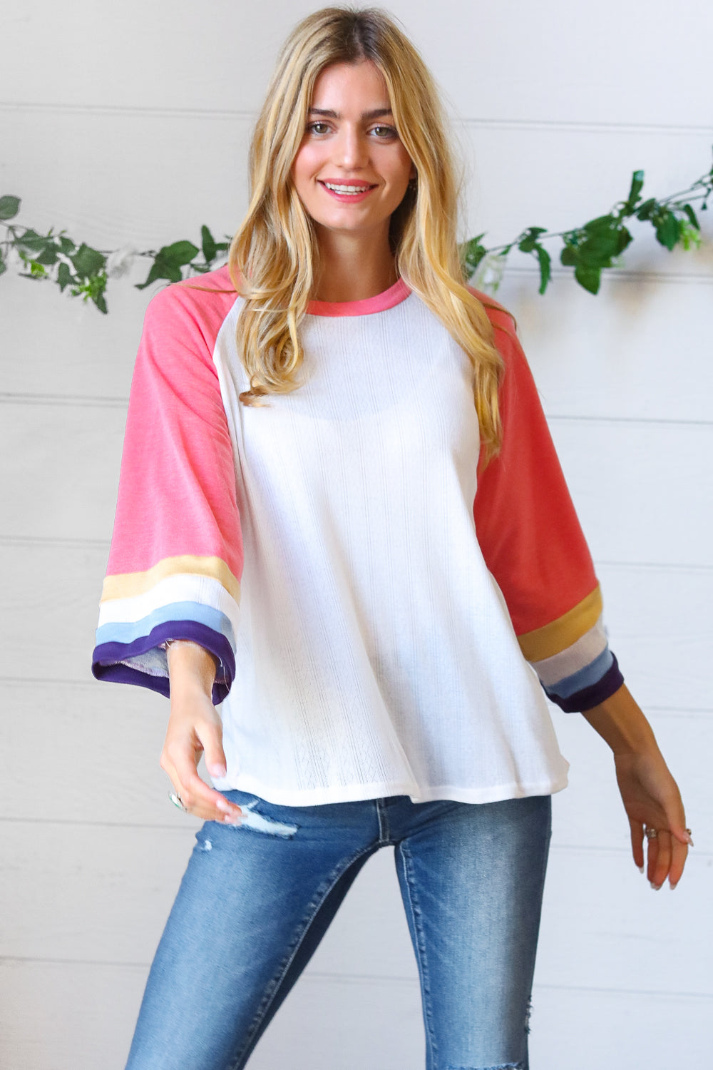 Pink Pointelle Color Block Wide Sleeve Pullover | Nikki &amp; Co. Boutique