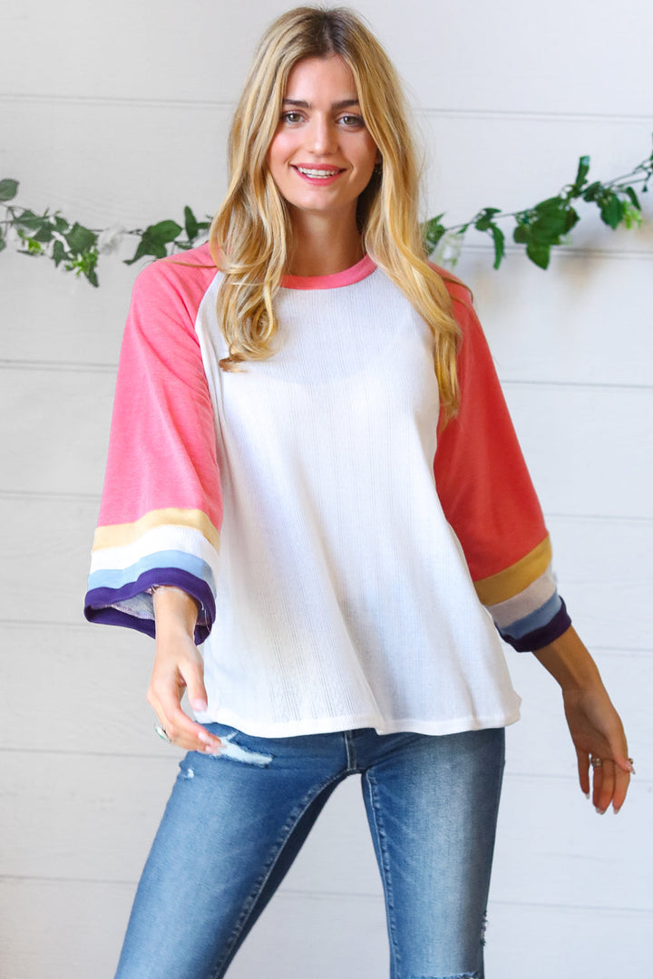 Pink Pointelle Color Block Wide Sleeve Pullover | Nikki &amp; Co. Boutique
