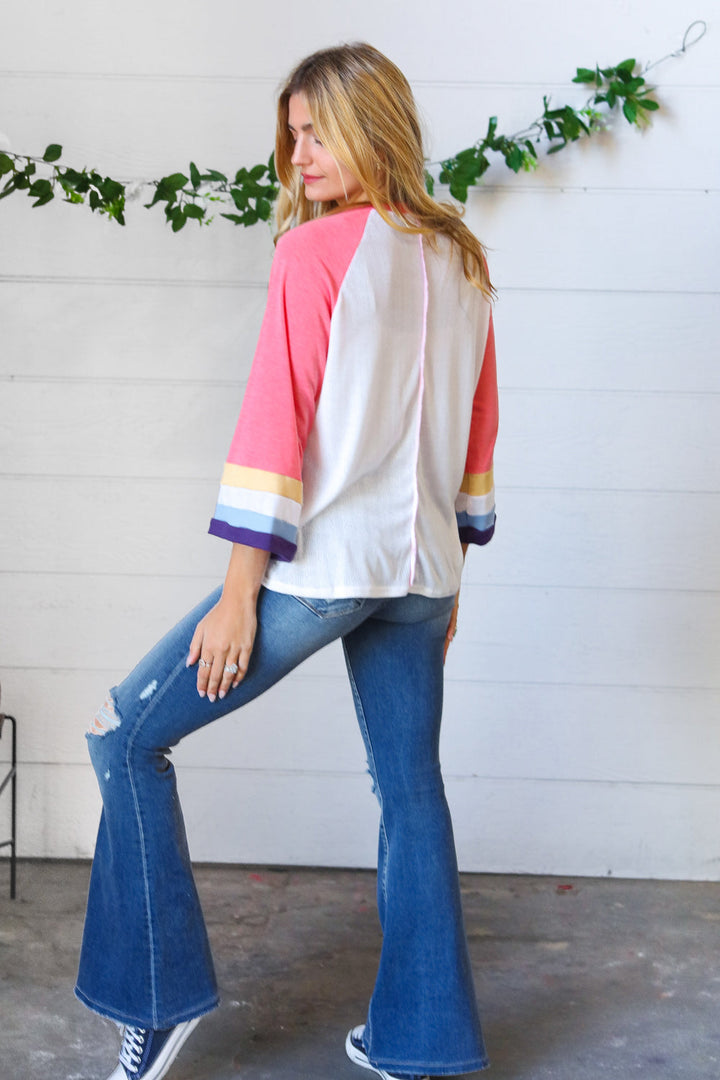Pink Pointelle Color Block Wide Sleeve Pullover | Nikki &amp; Co. Boutique