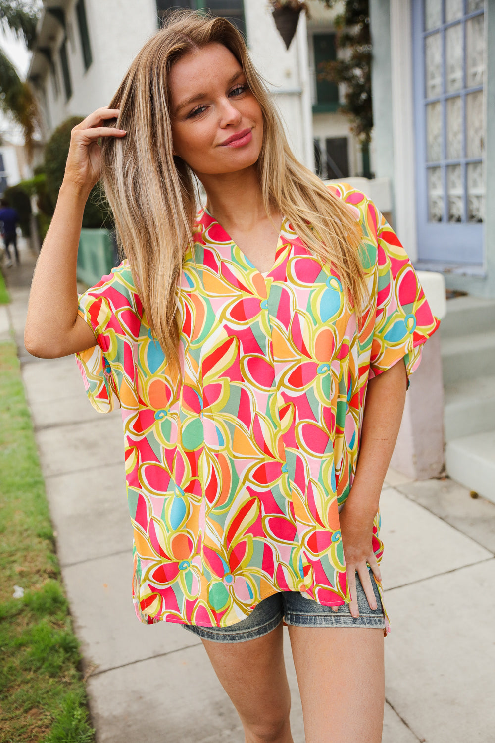 Casual Chic Multicolor Abstract V Neck Dolman Sleeve Tops | Nikki &amp; Co. Boutique