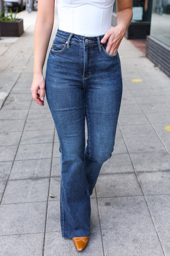 Judy Blue Dark Wash High Rise Flare Back Pocket Detail Jeans | Nikki &amp; Co. Boutique