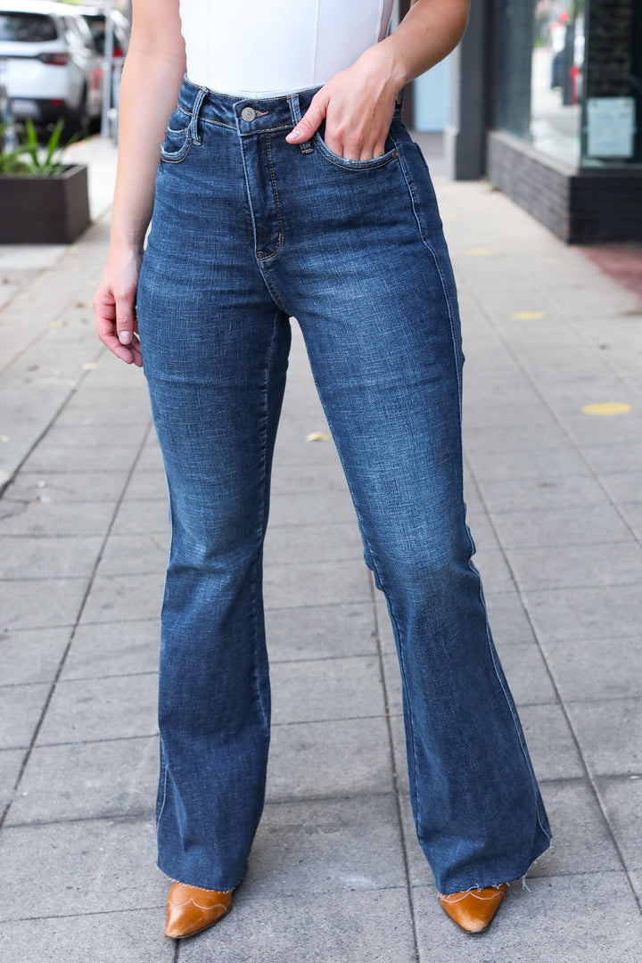 Judy Blue Dark Wash High Rise Flare Back Pocket Detail Jeans | Nikki &amp; Co. Boutique